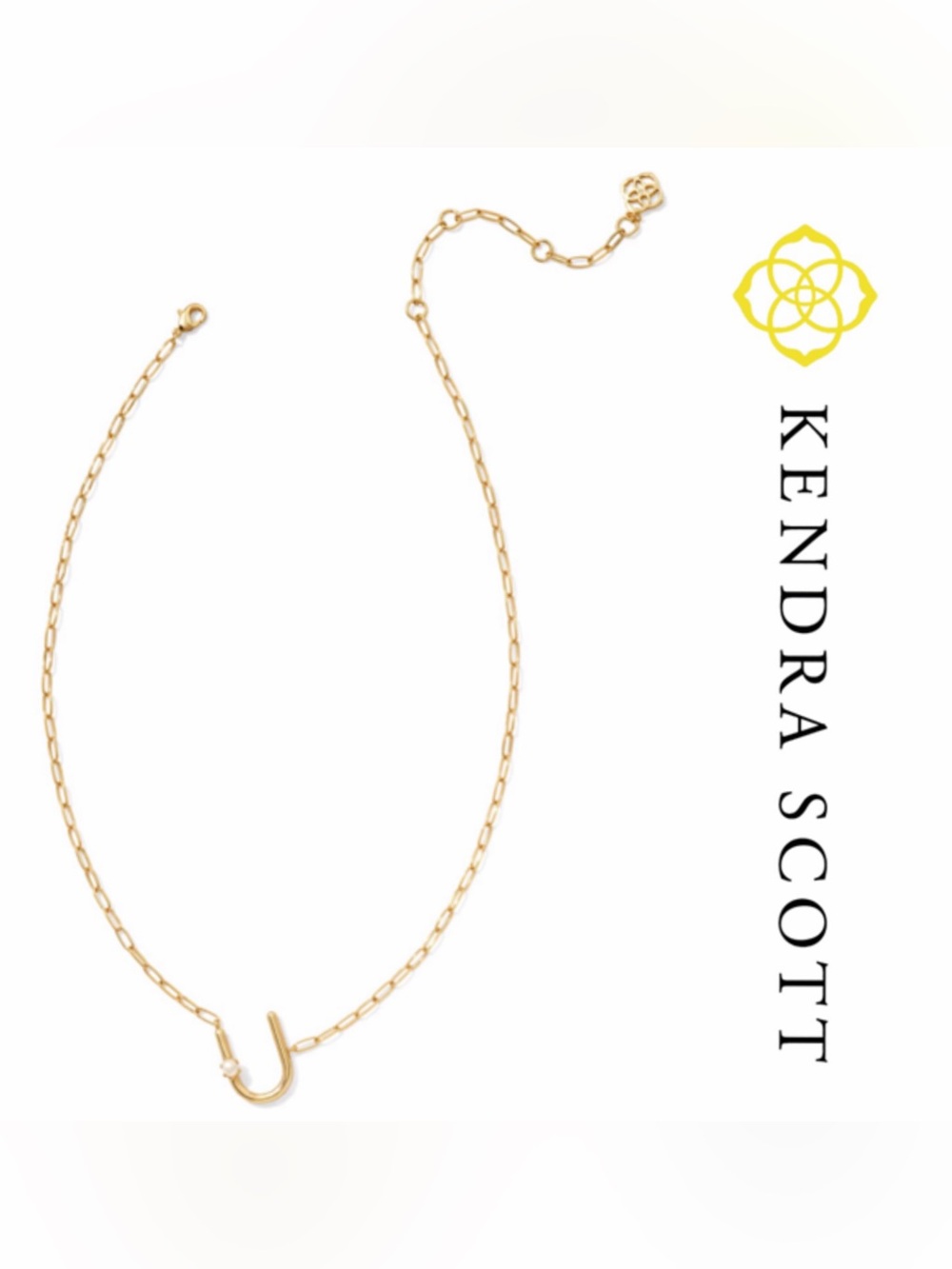 NWT Kendra Scott Gold Letter U Initial, Short Necklace Pendant with Pearl